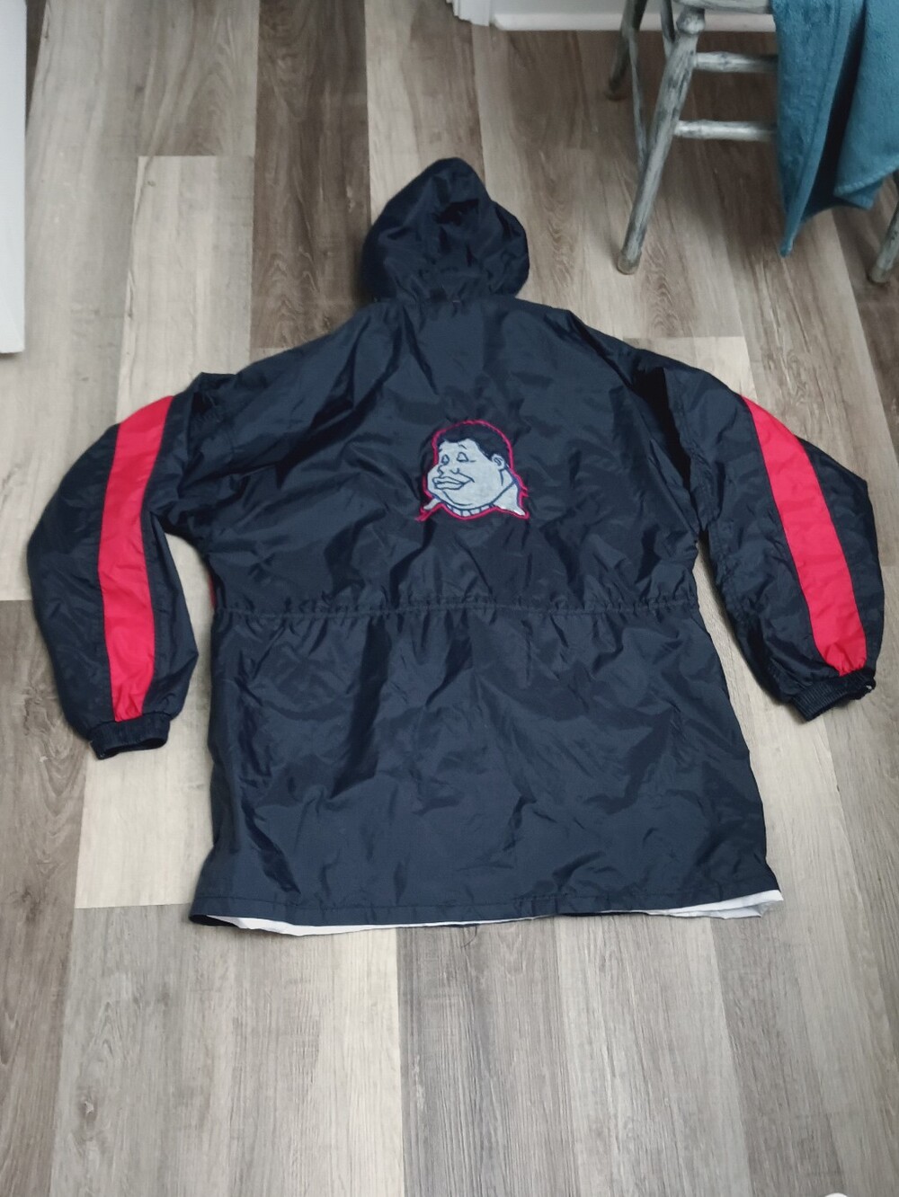 Men's XL Platinum Fubu Navy Blue Hooded Jacket with Red Sleeve Stripes